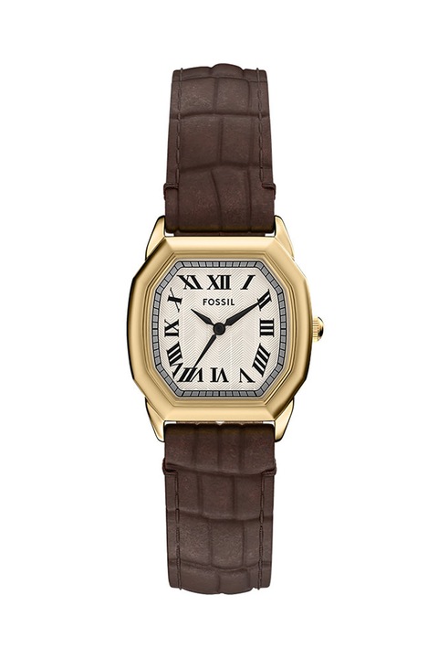 Fossil, Часовник Harlow с три стрелки и кожена каишка, Златист, Тъмнокафяв