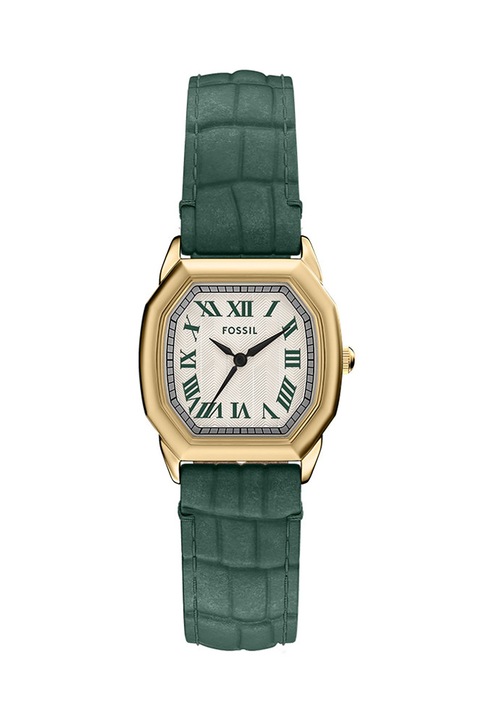 Fossil, Часовник Harlow с три стрелки и кожена каишка, Camo зелен, Златист