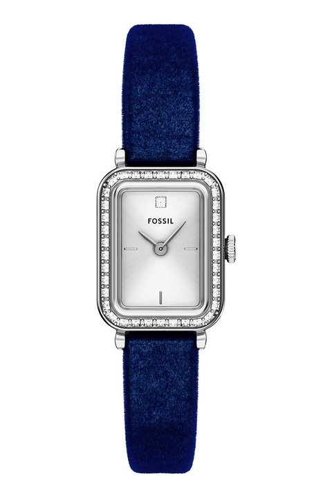 Fossil, Ceas dreptunghiular cu o curea de catifea, Argintiu, Albastru royal