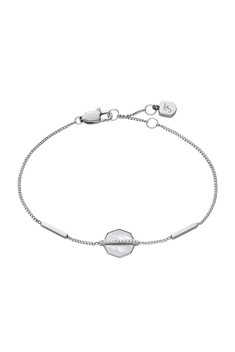 Fossil, Bratara din otel inoxidabil decorata cu talismane Mother Of Pearl si zirconia, Argintiu