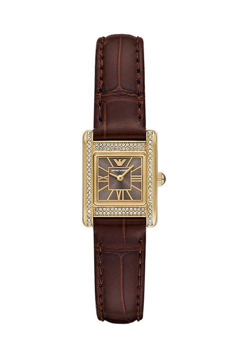 Emporio Armani, Ceas analog cu o curea din piele, Auriu, Maro inchis