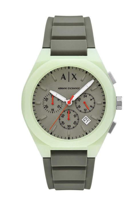 ARMANI EXCHANGE, Часовник с хронограф и силиконова каишка, Camo зелен, Сребърен