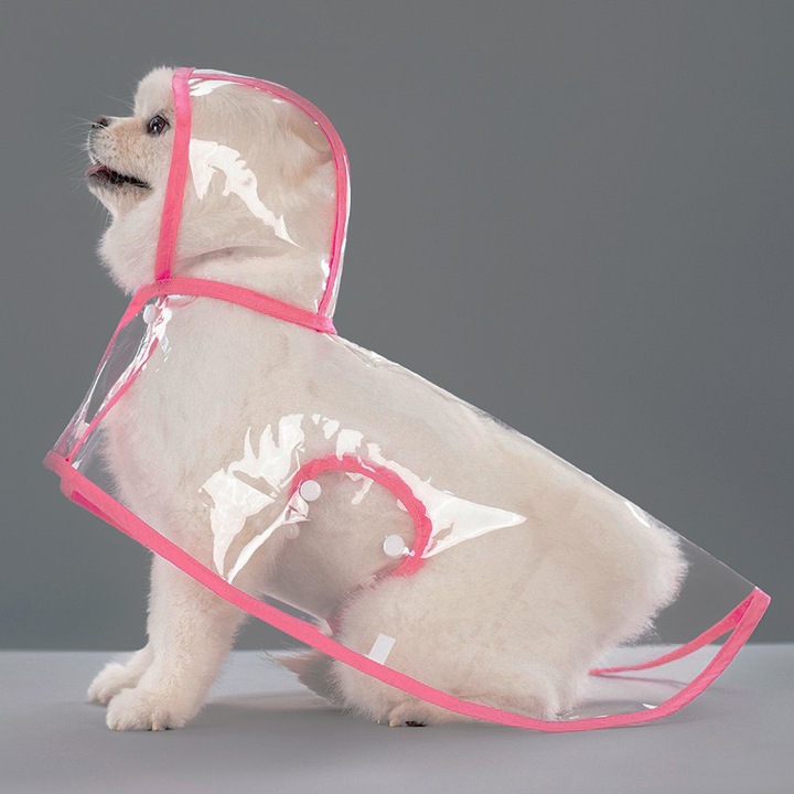 Pelerina de ploaie pentru caini M, impermeabila, cu gluga, transparenta, roz cu margini, 26x36-42cm