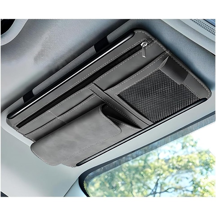 Cutie de depozitare pentru parasolar auto, piele moale, rezistenta la zgarieturi si apa, accesorii auto, gri