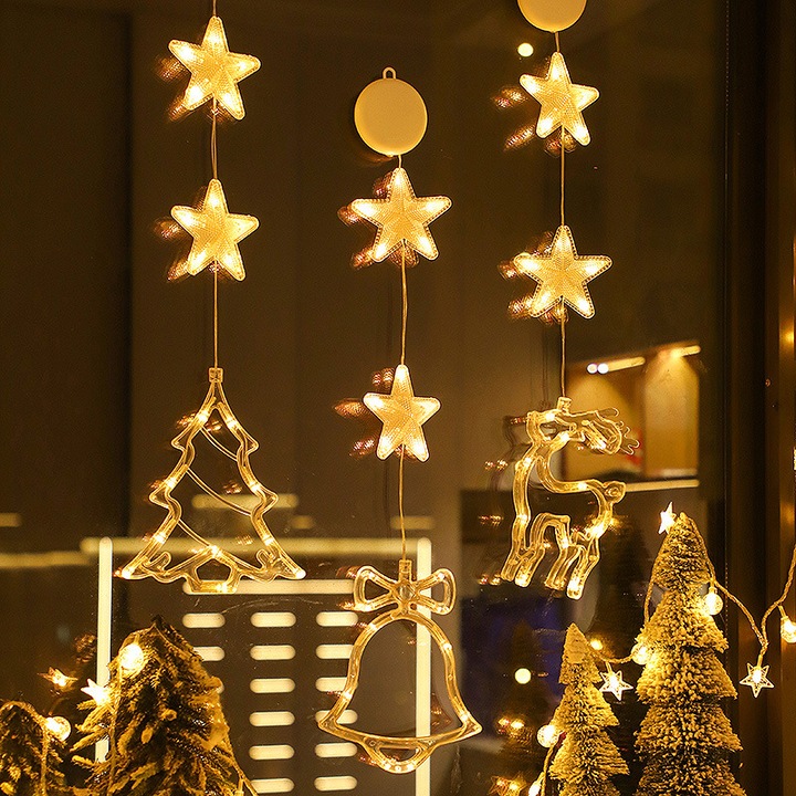 Decoratiuni Craciun, set 3 piese, lumini feronerie cu LED, fulg de zapada, brad, ren, multicolor, alimentare cu baterii