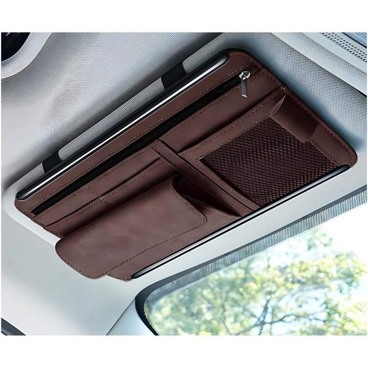 Cutie de depozitare pentru parasolar auto, piele moale, suport ochelari/notite, rezistent la zgarieturi si impermeabil, maro
