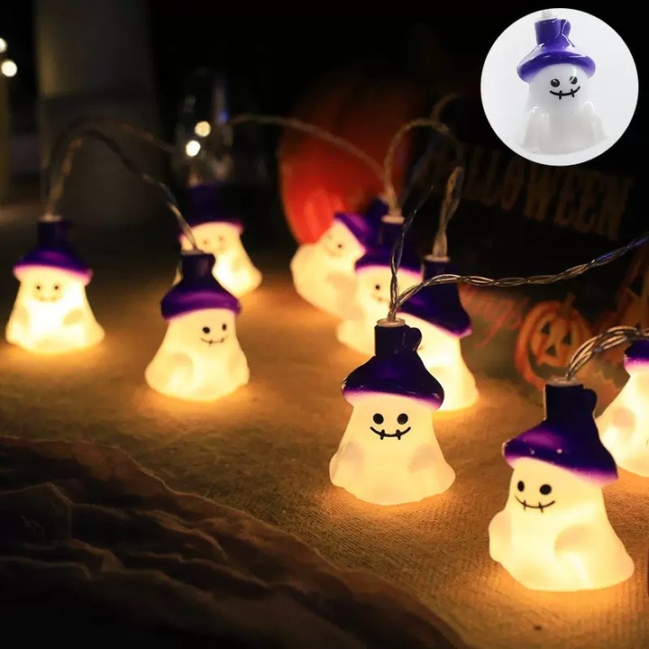 Halloween dekoratív füzér, tökös fények, lila kalapos szellem, 1.5m, 10 fény