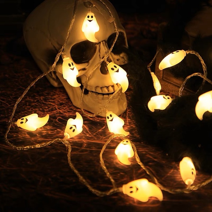 Halloween dekoratív füzér, szellemes fények, 10 lámpa, 1.5m, elemes működés