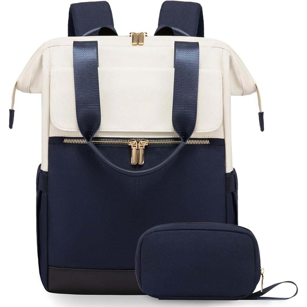 Rucsac laptop 15.6 inch, capacitate mare, 14 buzunare, impermeabil, alb cu albastru, 35x14x45cm