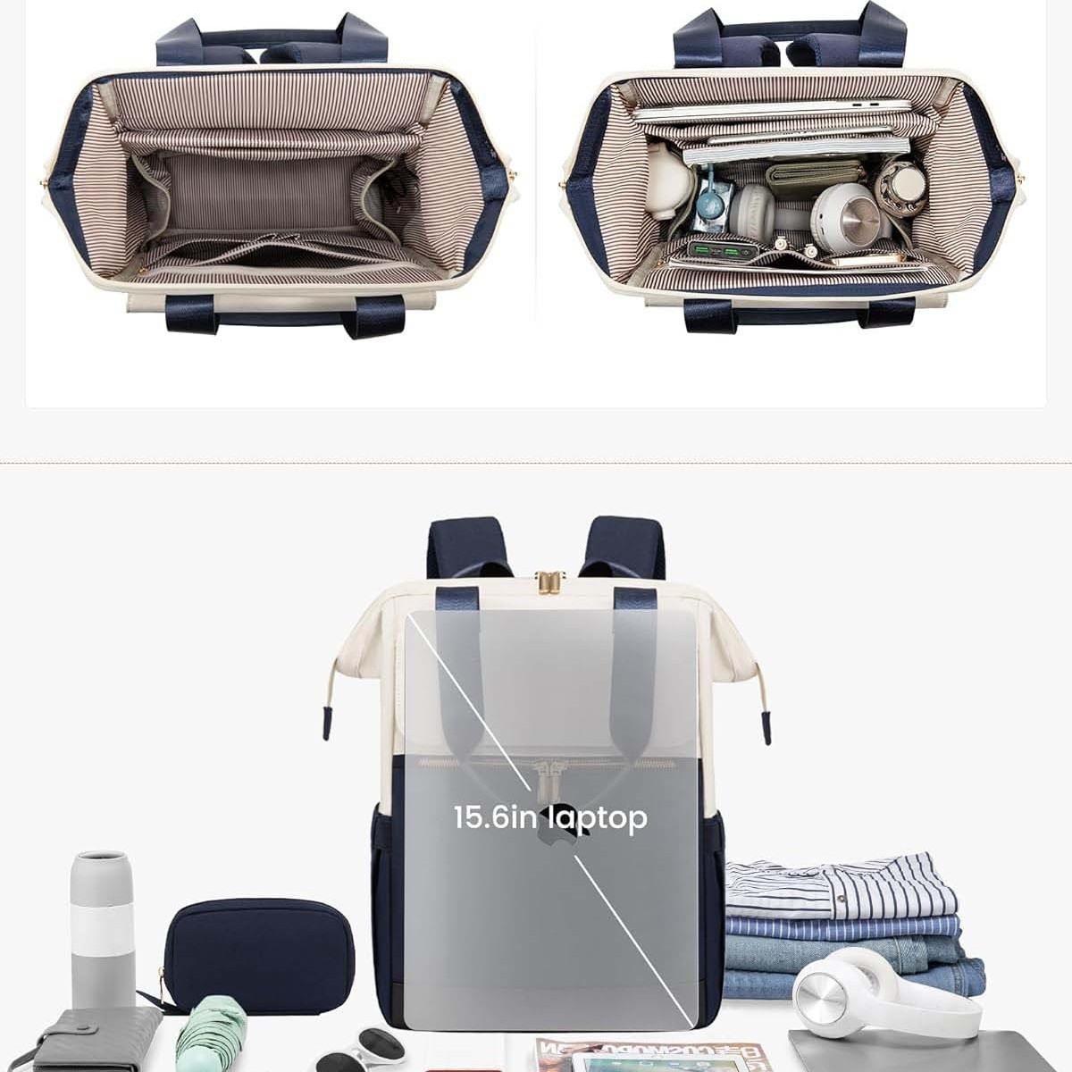 Rucsac laptop 15.6 inch, capacitate mare, 14 buzunare, impermeabil, alb cu albastru, 35x14x45cm