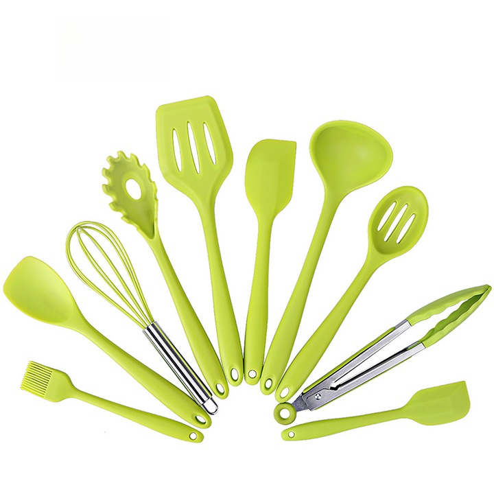 Set de ustensile de bucatarie 10 piese, verde, silicon rezistent la caldura, 100% fara BPA