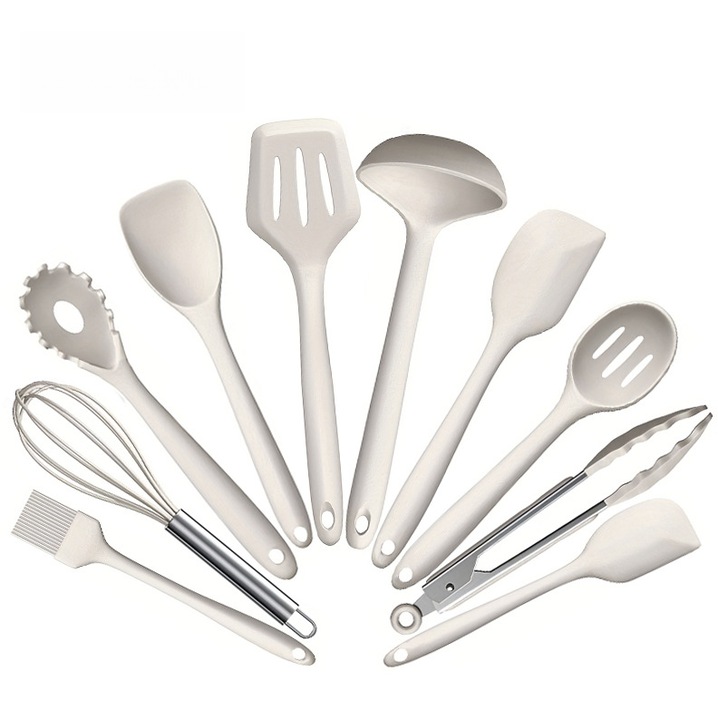 Set de ustensile de bucatarie 10 piese, silicon alb, rezistent la caldura, 100% fara BPA