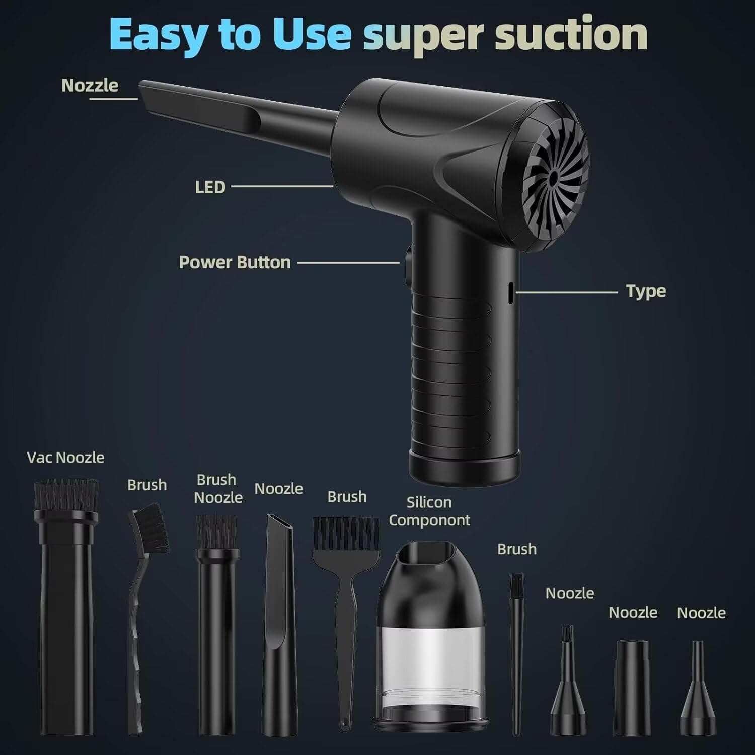 Aspirator cu aer comprimat, 3 viteze ajustabile, cu LED, motor fara perii, pentru curatarea tastaturilor, PC-urilor, masinilor si locuintelor (negru)