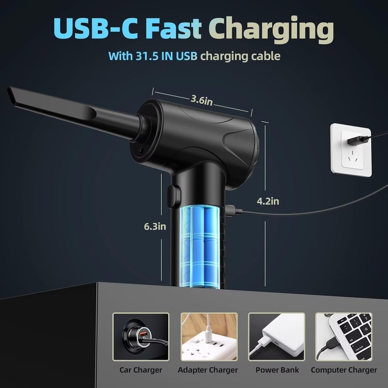 Aspirator cu aer comprimat, 3 viteze ajustabile, cu LED, motor fara perii, pentru curatarea tastaturilor, PC-urilor, masinilor si locuintelor (negru)