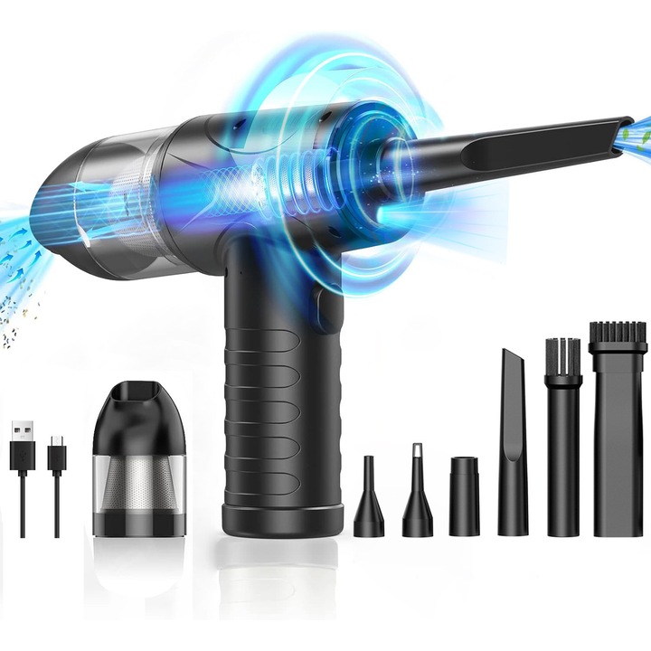 Aspirator cu aer comprimat, 3 viteze ajustabile, cu LED, motor fara perii, pentru curatarea tastaturilor, PC-urilor, masinilor si locuintelor (negru)