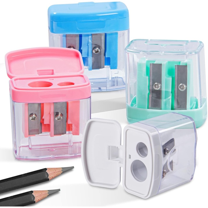 Set ascutitori cu doua gauri, 4 piese, culori mixte, pentru creioane standard si mari
