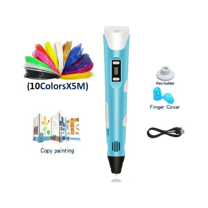 Creion 3D, 5 metri, 10 culori filament PLA, caiet de schite pliabil, manusi pentru degete