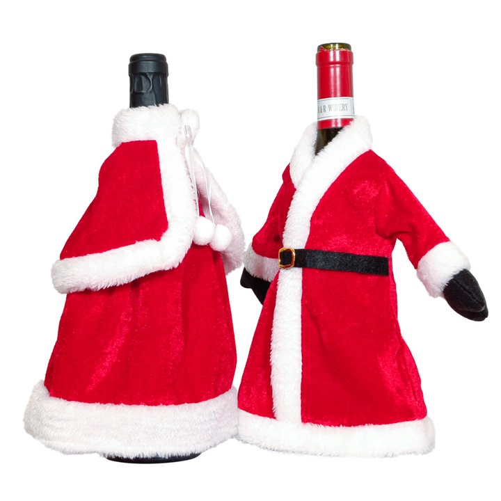 Set de huse pentru sticle de vin Craciun, design pulover Mos Craciun, decoratiuni festive, rosu