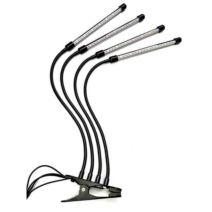 Lampa de crestere pentru plante cu 4 capete, neagra, dimabila, cu temporizator automat, 5W, USB