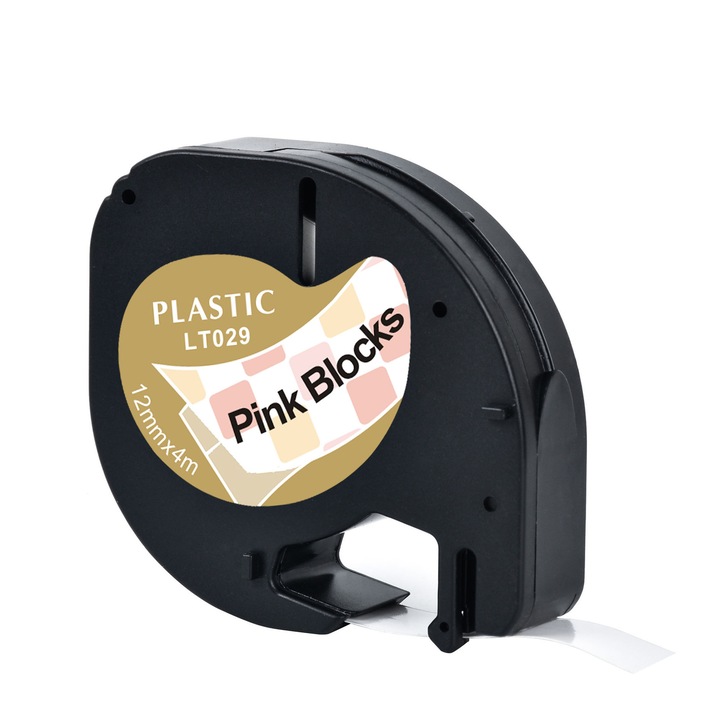 Set de benzi etichete plastice roz cu refiluri, 12mm x 4m, compatibile cu imprimantele de etichete Letra Tag LT100H, LT100T, QX50