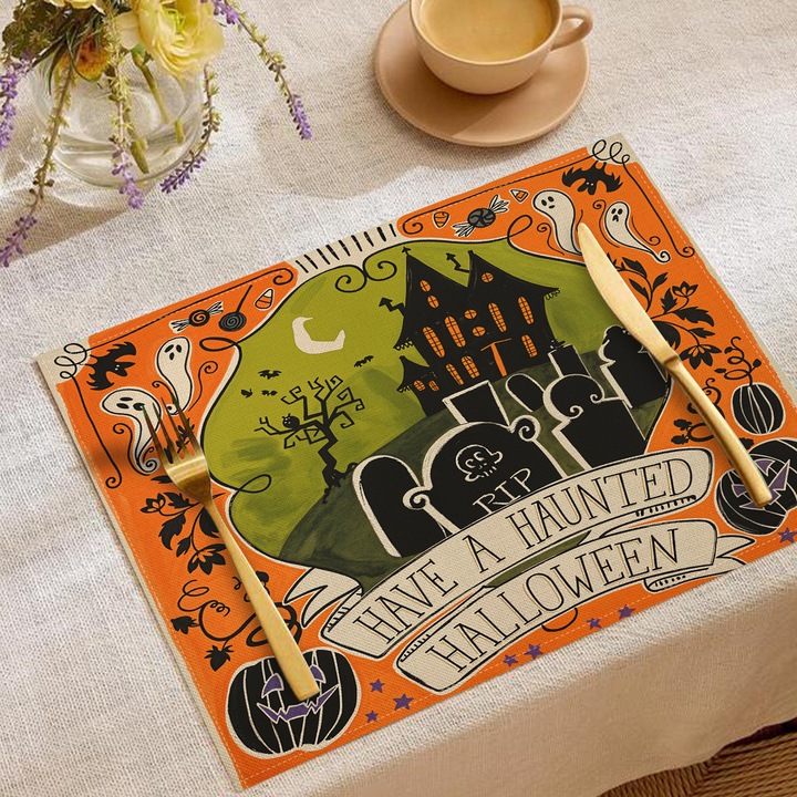 Set de servete si naproane Halloween, design din in, izolatie termica, multicolor, YMCD-3
