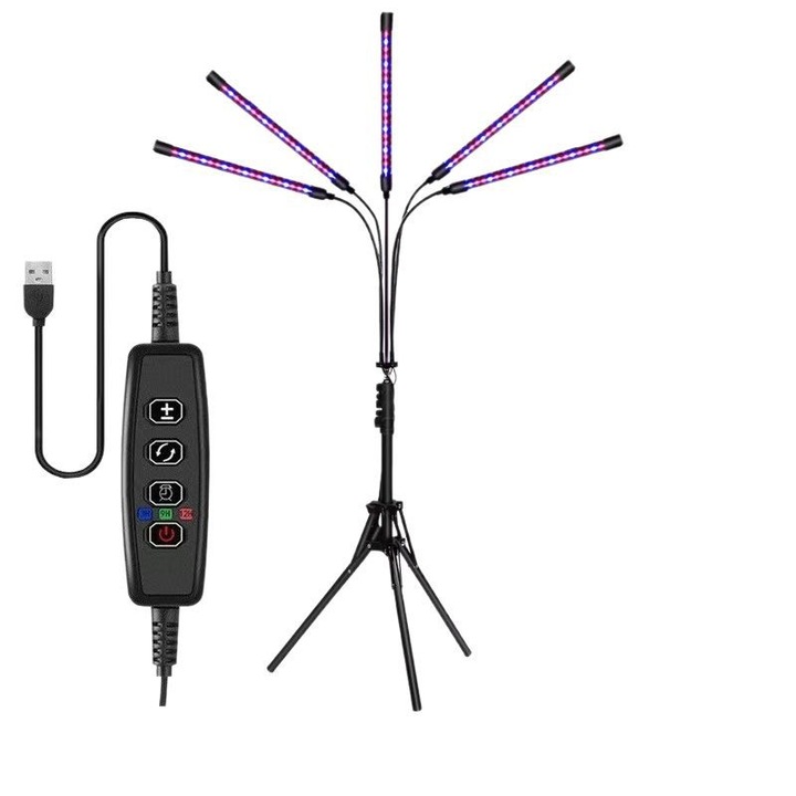Lampa de crestere pentru plante cu 5 tuburi, 1.6m, cu suport ajustabil, 3 moduri de spectru, 10 niveluri de luminozitate, design flexibil, pentru plante de interior