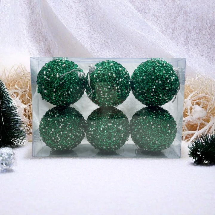 Glob de Craciun, 8cm, verde, set de globuri glittering foam