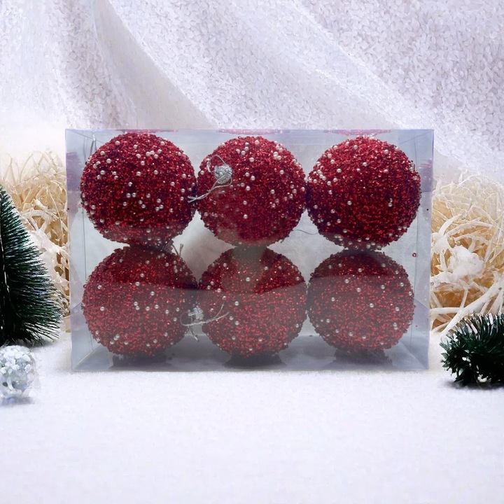 Glob de Craciun set, 8cm, rosu, spuma stralucitoare