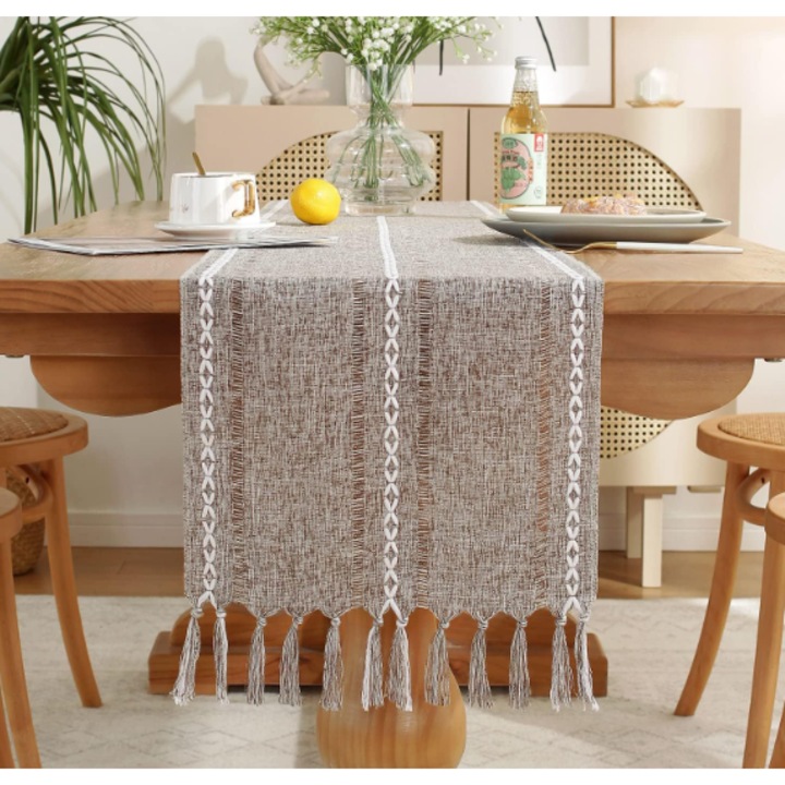 Fata de masa din bumbac si in, 220x33cm, design cu ciucuri, stil american rustic