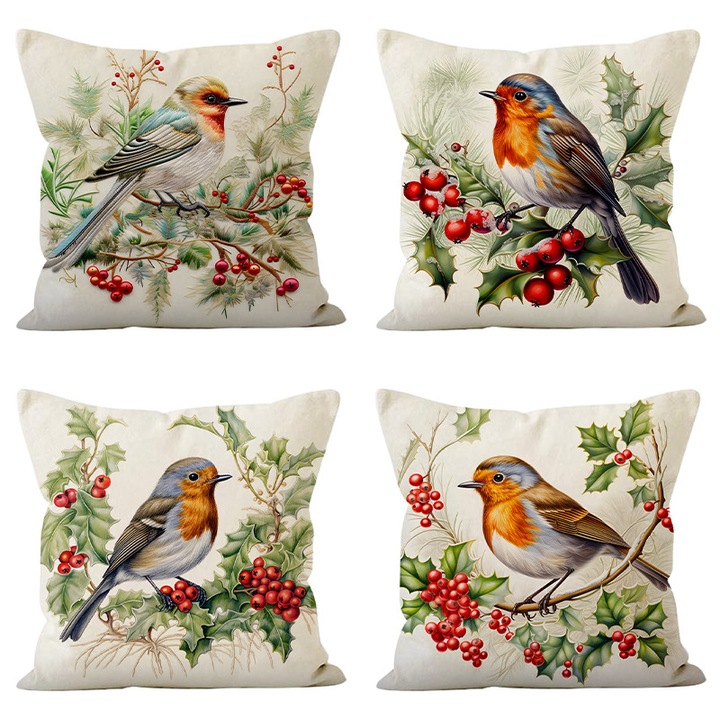 Fete de perna, design natural cu pasari, frunze de brad si boabe rosii, 45x45cm