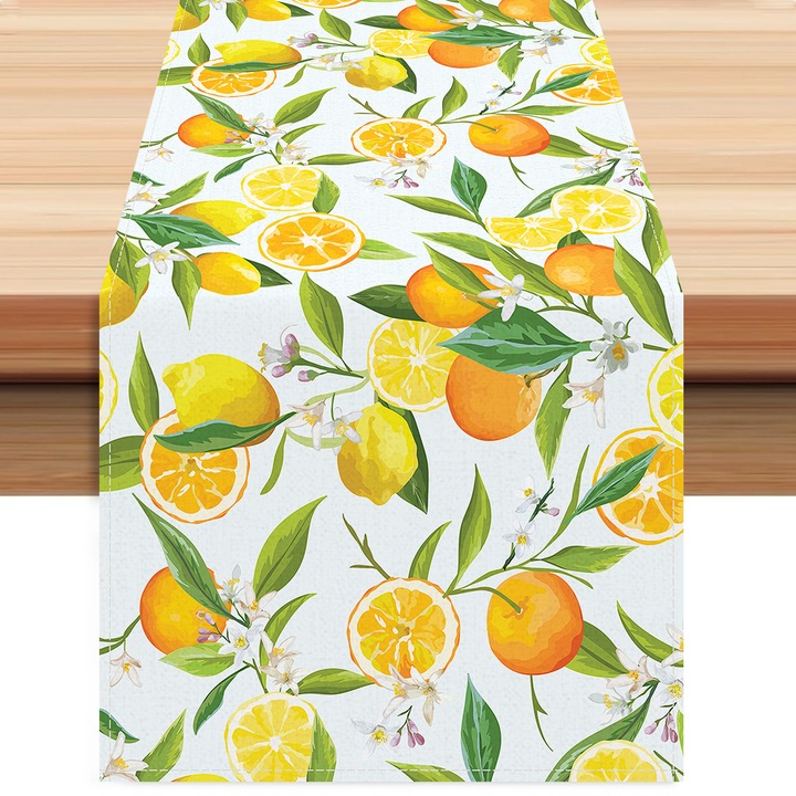 Fata de masa cu imprimeu lamaie, 33x220cm, material tip in, set pentru masa de dining si masa de cafea