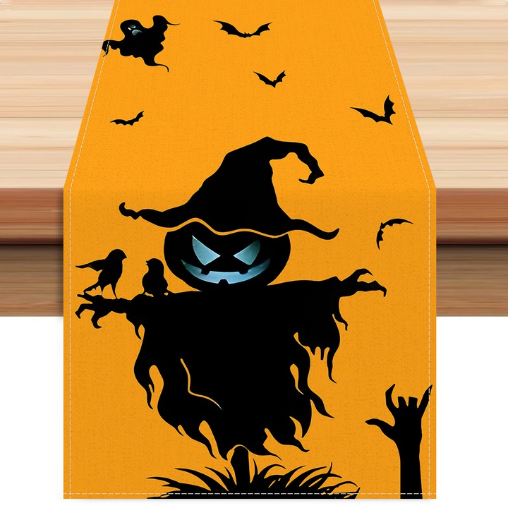 Fete de masa, runner de masa cu design Halloween, imprimeu cu dovleci si sperietori, 33x90cm, multicolor