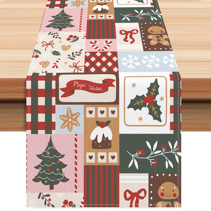 Fete de masa, Christmas, design puzzle cu brad si om de turta dulce, 33x120cm, multicolor