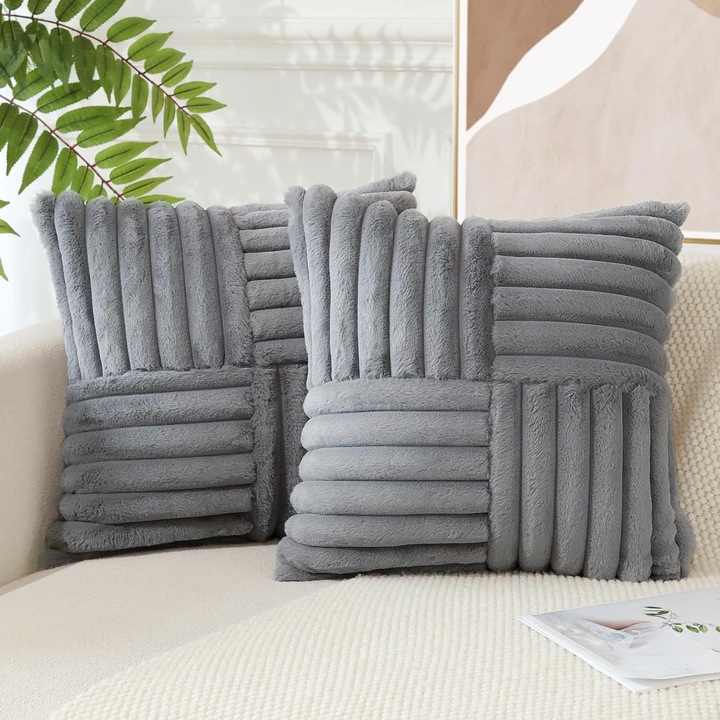 Set de huse pentru perne cu snur, 45x45cm, din blana sintetica de iepure, gri, stil modern minimalist