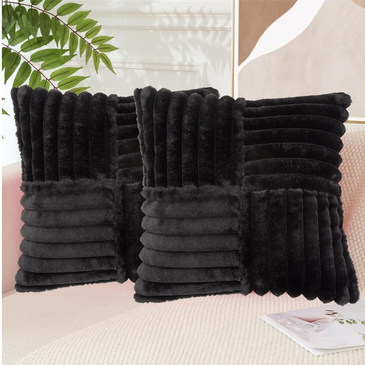 Set de fete de perna cu snur, perne din blana sintetica de iepure, 18x18 inch, negru