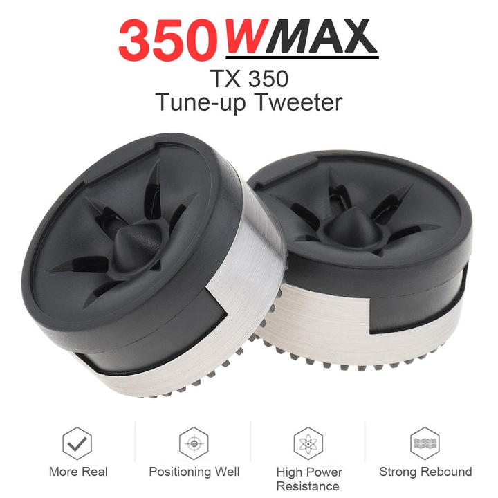 Set de 2 tweeter-e mini dome 350W, eficienta ridicata, 50x50x25mm, pentru sisteme audio auto