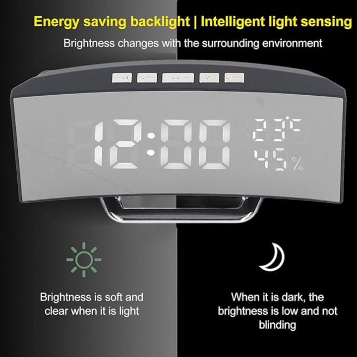Ceas digital cu senzor de lumina, mod dual, design curbat, afisaj mare, temperatura si umiditate, multicolor