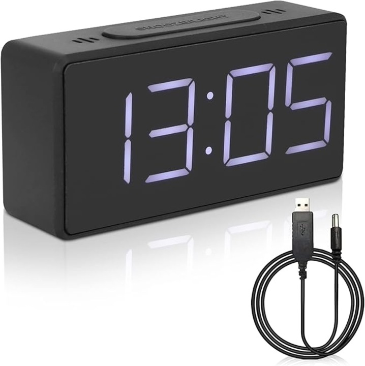 Ceas desteptator digital, cu functie de snooze, LED, negru, pentru birou