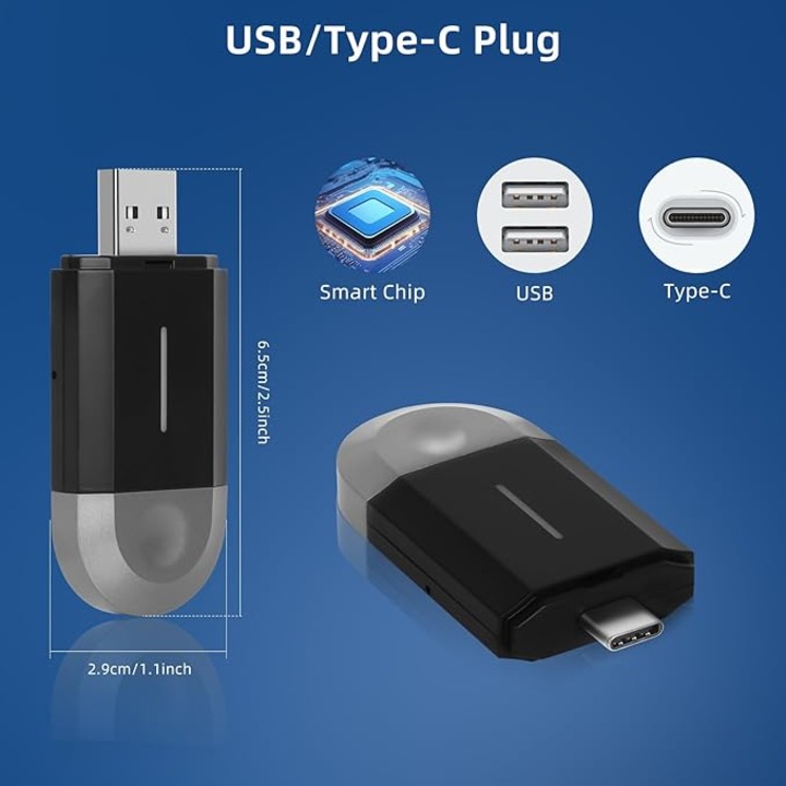 Adaptor wireless 2-in-1 pentru CarPlay si Android Auto, suport Bluetooth, design elegant, dimensiuni 2.5x1.1 inch