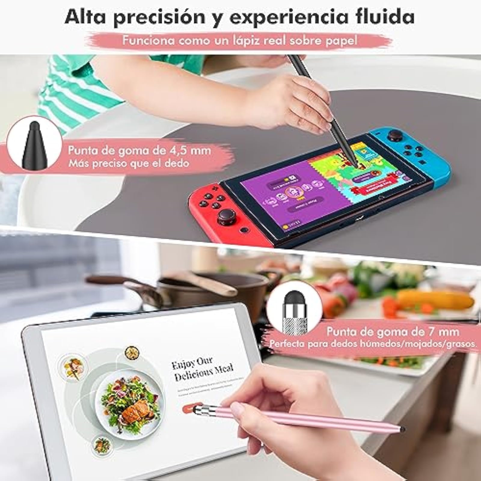 Stylus 3-in-1, capacitiv, doua dimensiuni varfuri din cauciuc, disc ...