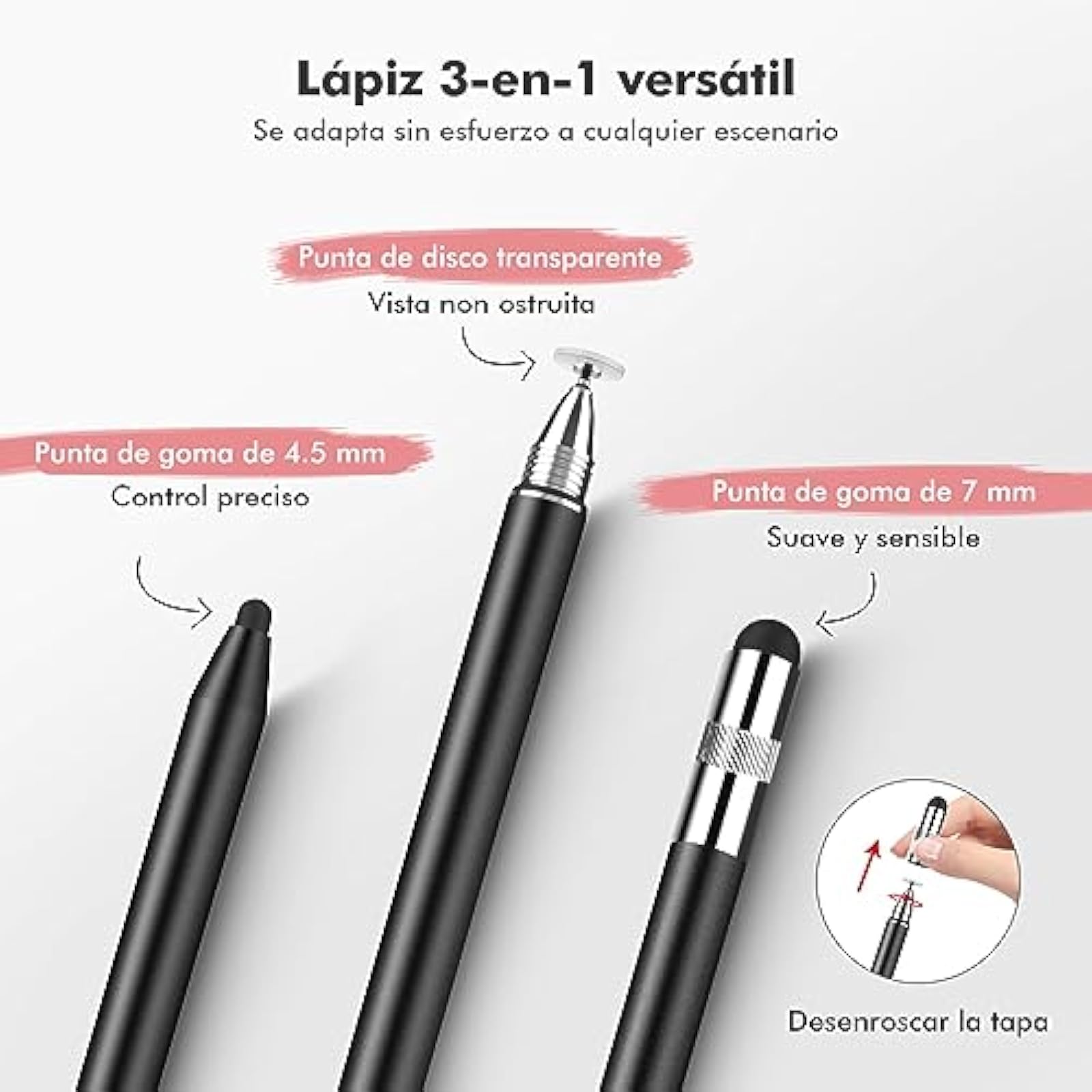 Stylus 3-in-1, capacitiv, doua dimensiuni varfuri din cauciuc, disc ...