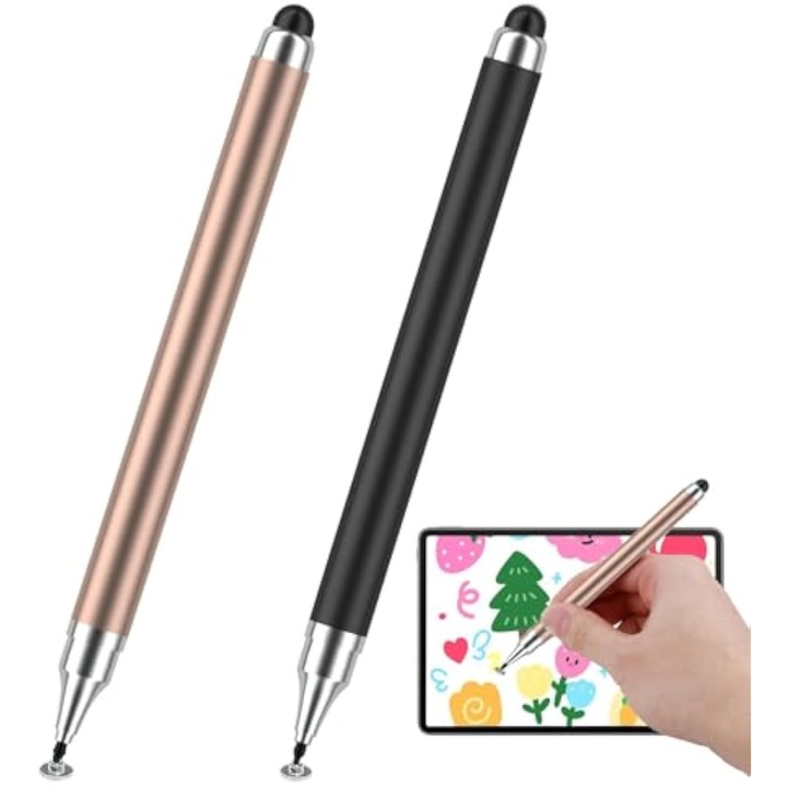 Stylus multifunctional 2-in-1, 125mm, negru si roz aurie, pentru tablete si smartphone-uri