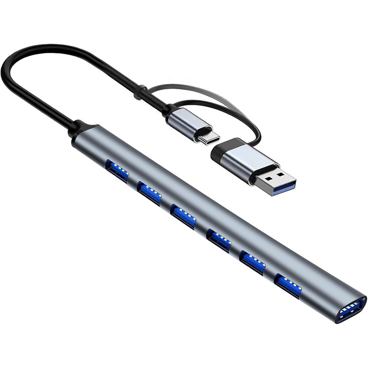 USB 3.0 dokkolóállomás 7 porttal, gyors adatátvitel, ezüst szín, kompakt méretek