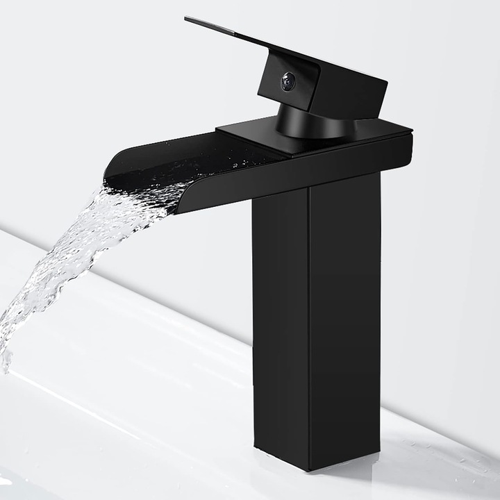 Baterie sanitara pentru baie, robinet din alama neagra, design cu efect de cascada, apa calda si rece, G 3/8, dimensiune montaj 31-36mm