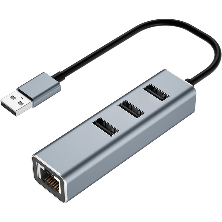 Hub USB Ethernet, 3 porturi USB 2.0, 1 port Gigabit RJ45, 100Mbps, gri, 8.5x2.4cm