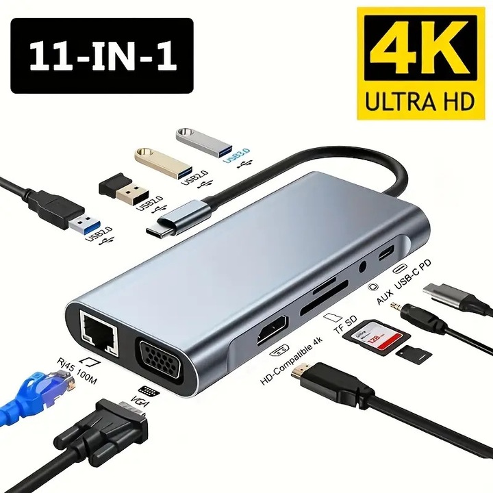 USB-C elosztó 11 az 1-ben, 100Mbps Ethernet, 100W PD, 4K