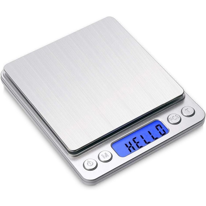 Digitális mérleg 500g/0.01g önsúllyal, nagy pontosságú konyhai mérleg, többfunkciós rozsdamentes acél zsebmérleg háttérvilágítású LCD kijelzővel, önsúly PC-hez. Jellemzők: Újratölthető, ezüst