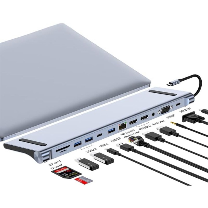 Laptop dokkoló állomás 12 az 1-ben, kettős HDMI, 4K támogatás, 87W, USB hubbal, TF/SD kártyahelyekkel, szett