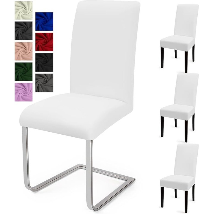 Set huse scaune, 4 piese, elastic, alb, dimensiuni potrivite pentru spalare la masina