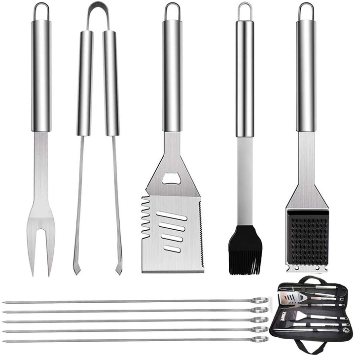 Set de ustensile pentru gratar 10 piese, cu spatula, cleste, furculita, perie din silicon, perie de curatare, furculita pentru friptura, geanta de depozitare